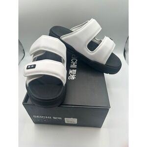 Seichi Senko Sandals,White Black Two Strap Slides,Men's Size 12,New w/ Defects